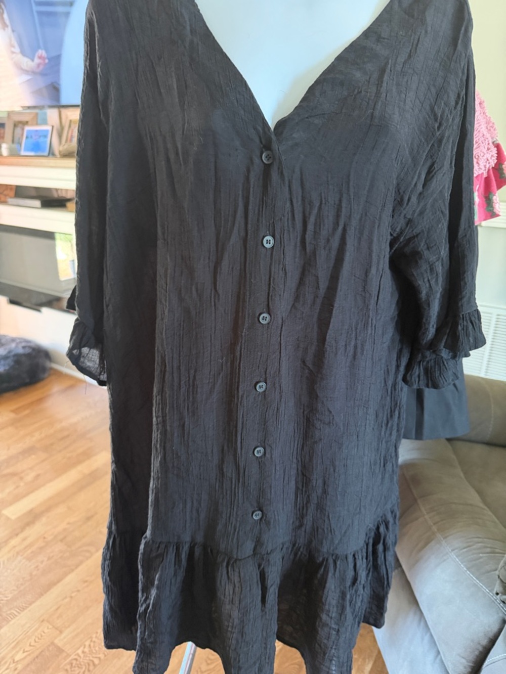 Cupshe Black Button-Front Ruffle-Hem Beach Coverup